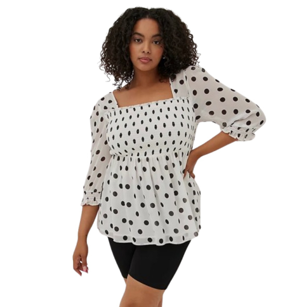 Torrid Babydoll Blouse Womens 3X Plus White Black Polka Dot Smocked Square Neck
